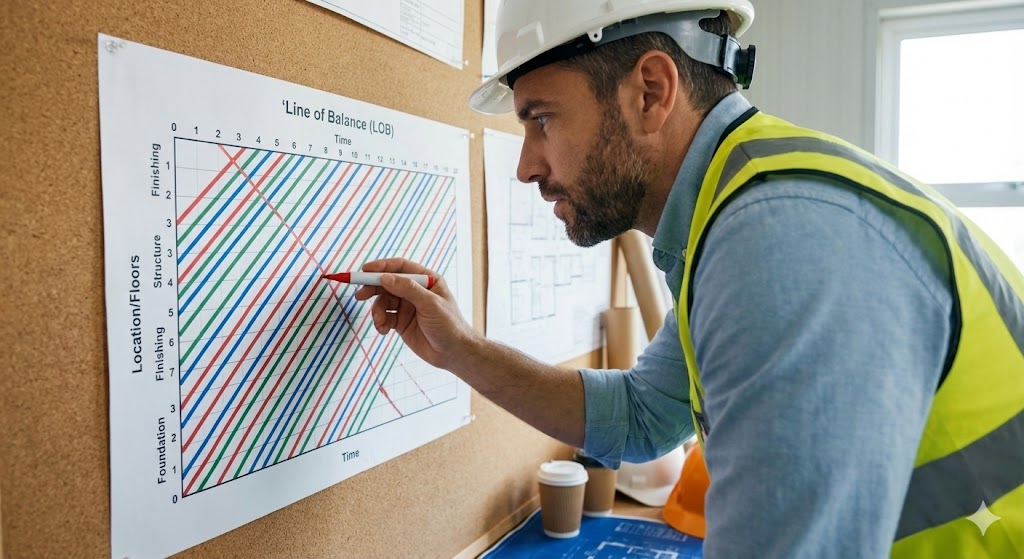 Engenheiro analisando um gráfico de Linha de Balanço (LOB) com linhas diagonais em um escritório de obra.