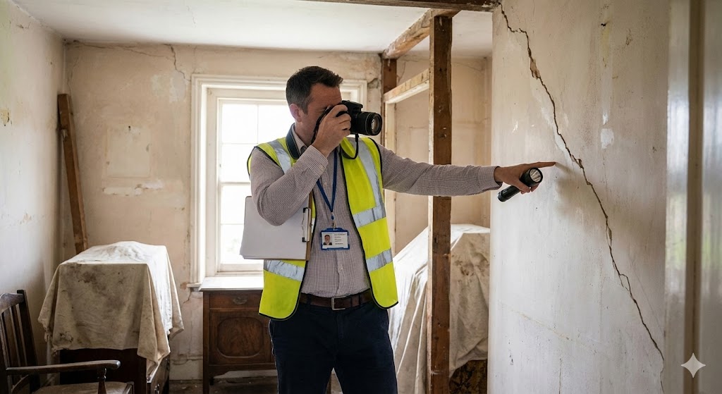 Engenheiro civil fotografando trinca em parede durante vistoria cautelar de vizinhança