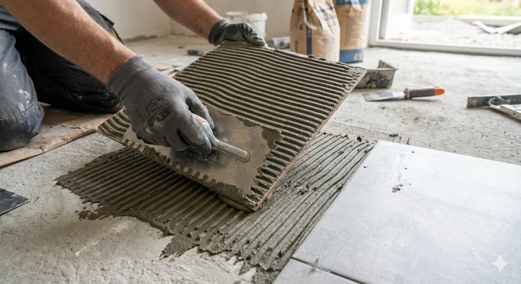 ceramica Pedreiro aplicando argamassa no verso do piso (técnica de dupla colagem) para evitar descolamento.