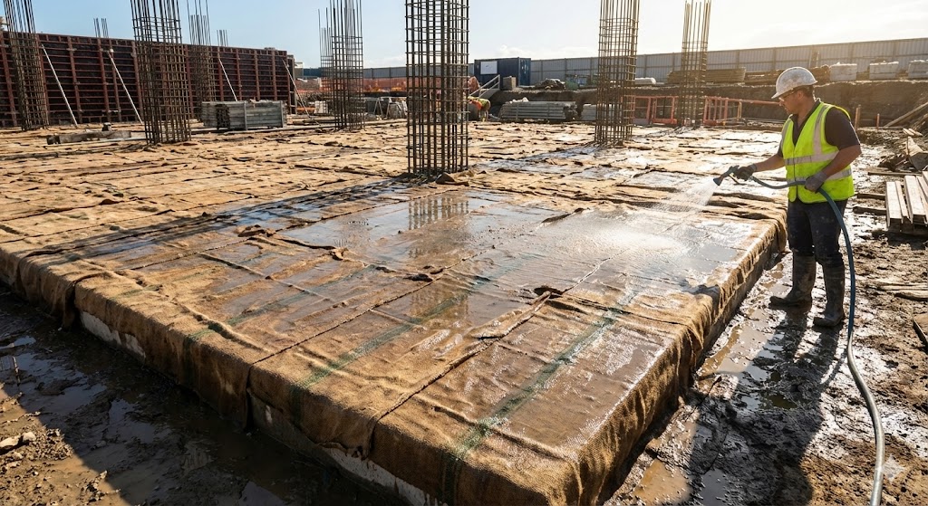 Trabalhador realizando cura úmida em laje de concreto com manta geotêxtil concreto 02