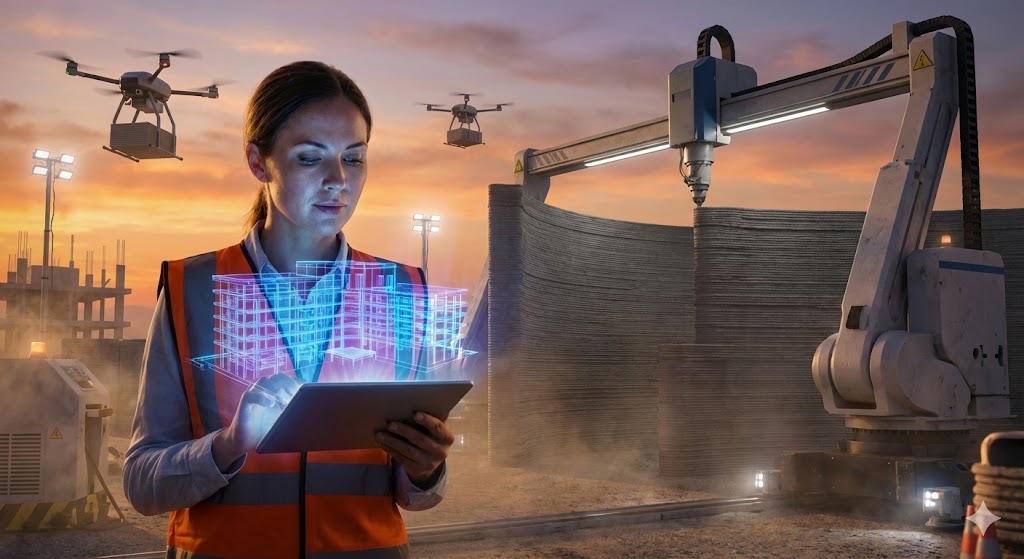 O Futuro da Construção Civil: Engenheira usando tecnologia futurista, drones e impressão 3D no canteiro de obras