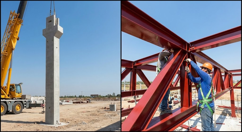 Comparativo entre montagem de estrutura de concreto pré-moldado e estrutura metálica