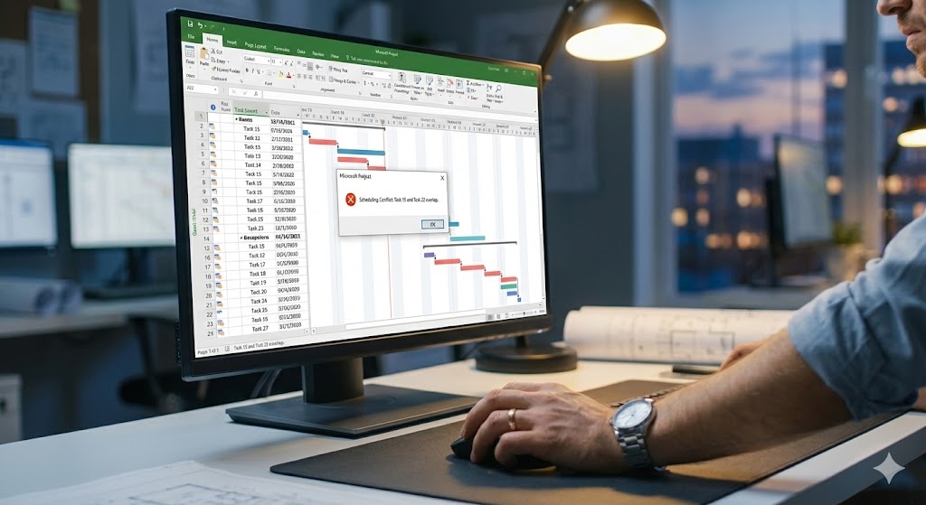 Tela do Microsoft Project mostrando conflito de agendamento no cronograma.