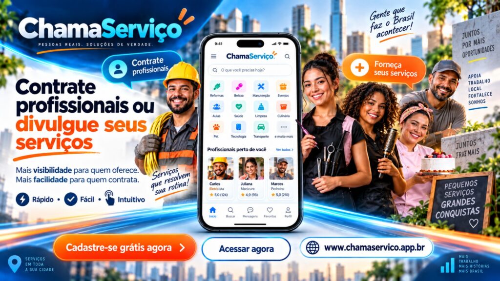Banner promocional do ChamaServiço, aplicativo de serviços para contratar profissionais ou divulgar seus serviços